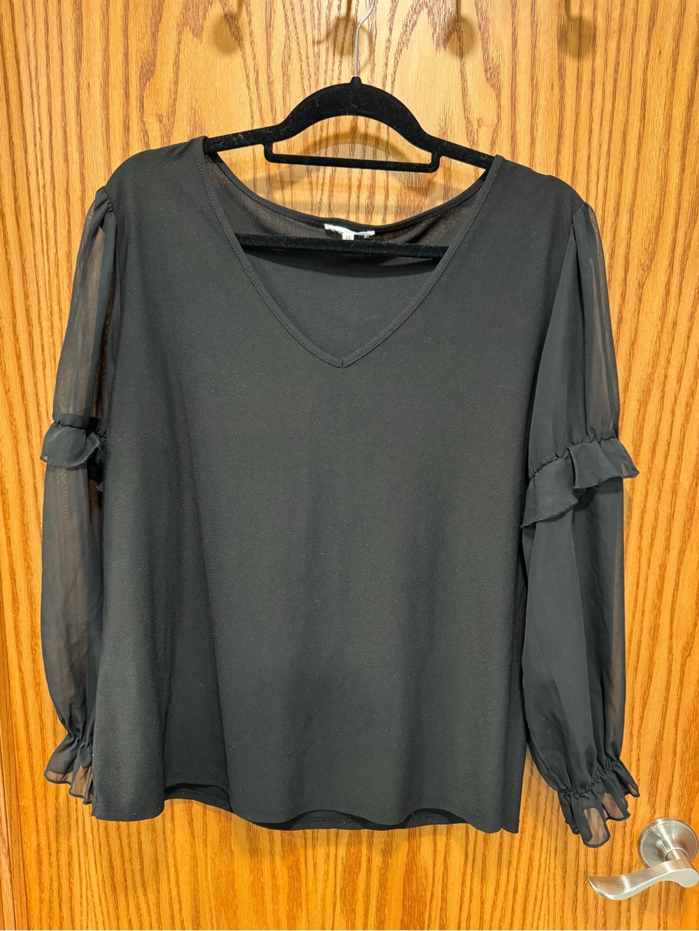 Maurices Black V-Neck Sheer Ruffle Sleeve Blouse